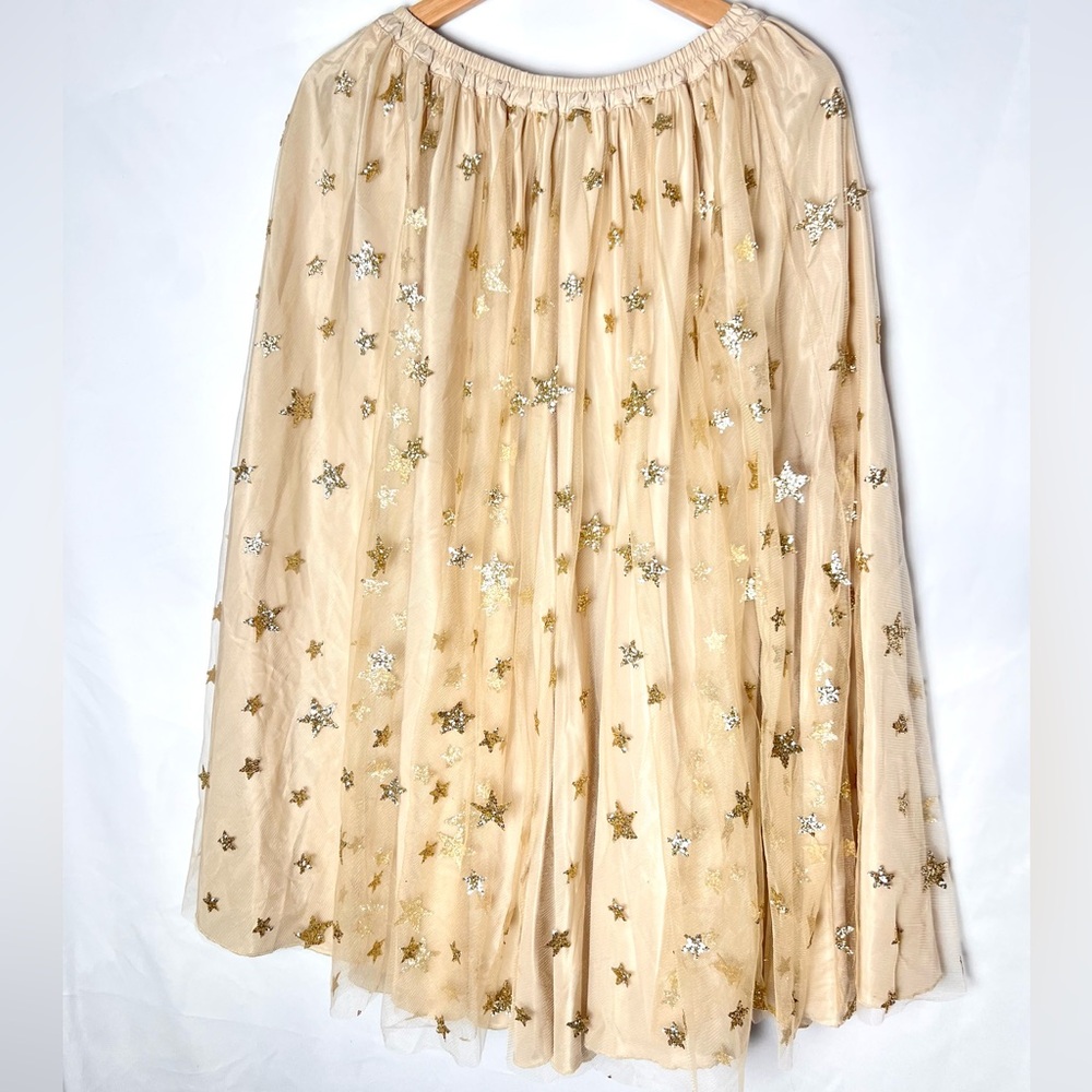 Lirika Matoshi Beige Tulle A-Line Skirt with Gold Star Embellishments - Picture 2 of 7